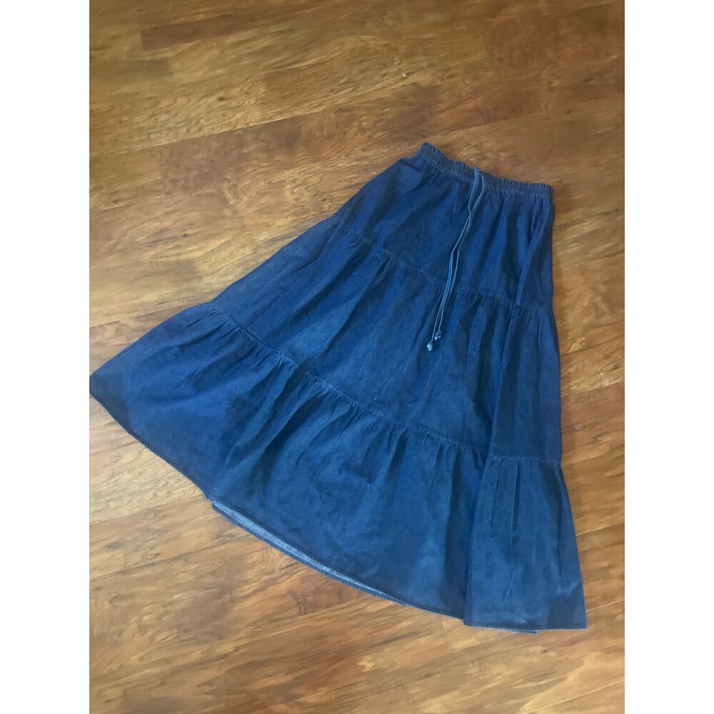 MOON RIVER Denim Tiered Midi Skirt COUNTRY COWGIRL 70s WESTERN ROMANTIC Size XS - Picture 3 of 7